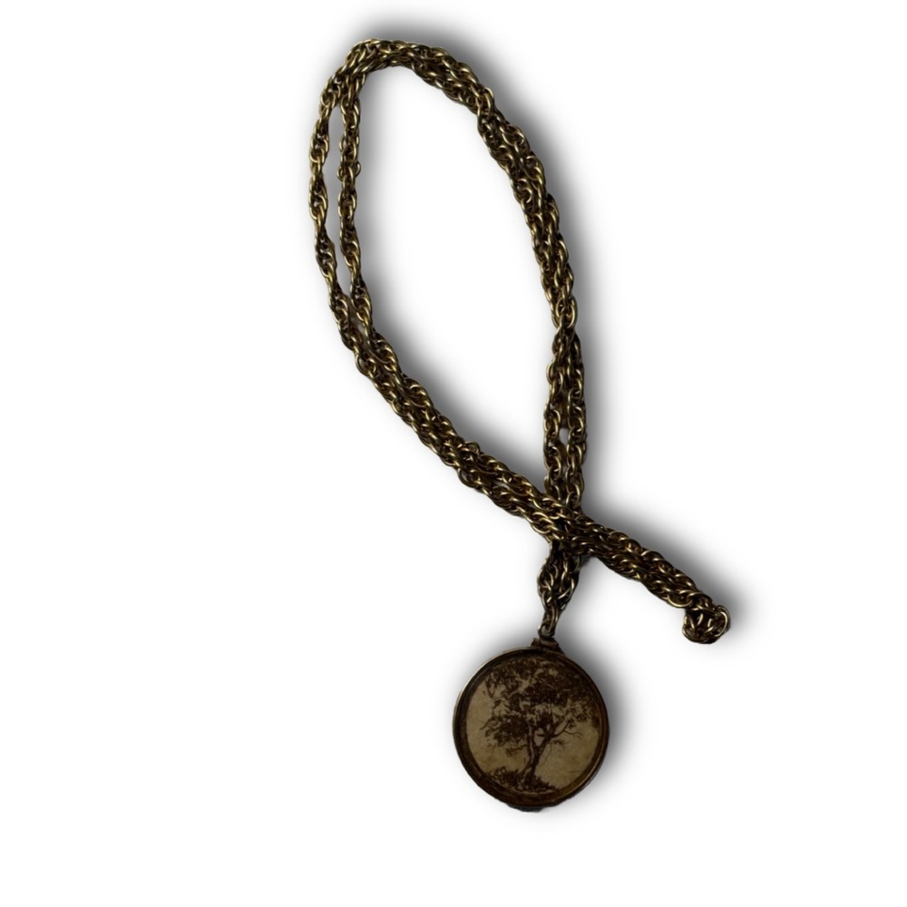 Vintage Etched Tree Pendant Necklace on Twisted Brass Chain – Estate Jewelry